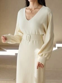 DAZY Women's Solid Color V-Neck Casual Everyday Knit Dress - Beige - View 4