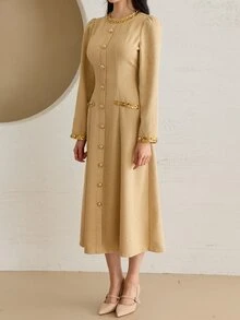 DAZY Women's Elegant Sequin Button Long Sleeve Dress For Evening Party - Khaki - View 5