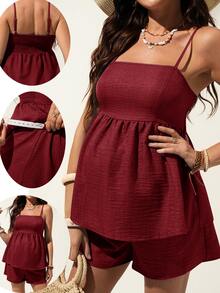 SHEIN Women's Casual Vacation Solid Color Ruffle Collar Cardigan And Shorts Maternity Set, Spring/Summer - Burgundy - View 10