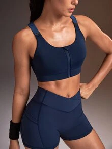 Powerista Bra Olahraga Wanita Motif Blok Warna dengan Potongan di Bagian Belakang untuk Aktivitas Harian - Navy Blue - View 5