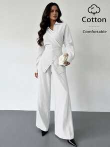 Firerie 女款收腰繫帶襯衫與寬鬆條紋長褲套裝 - 白色 - 查看 5