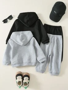 SHEIN 男嬰秋冬加厚高級黑色與灰色連帽衛衣 4件套，適合假期、聖誕節、萬聖節套裝 - 彩色 - 查看 2