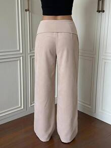 SHEIN EZwear Women's Solid Color Casual Versatile Daily Wear Long Pants - Khaki - View 2