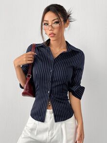 SHEIN EZwear 大尺碼女款條紋休閒日常穿著襯衫 - 藏蓝色 - 查看 6