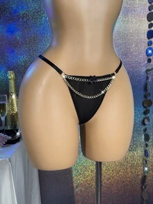 MidnightGlam 1pc Women's Sexy Chain Mesh Embroidered Patchwork Thong - Black - View 2