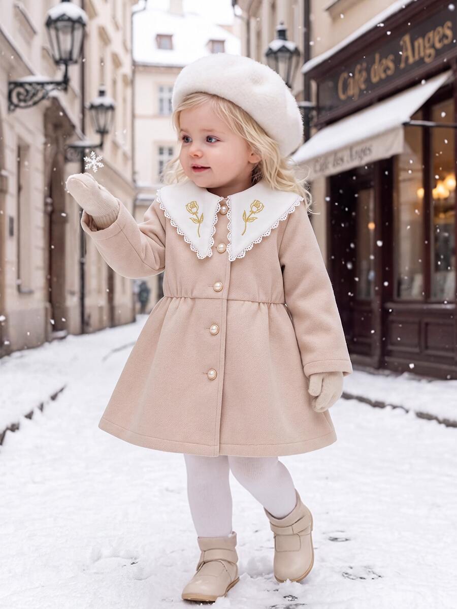 SHEIN Cute Colorblock Peter Pan Collar Long Coat For Baby Girls - Apricot - View 1