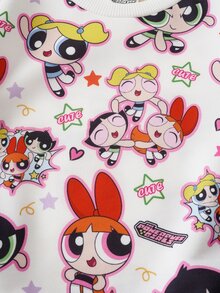 THE POWERPUFF GIRLS X SHEIN Young Girl Cartoon Pattern Casual Daily Long Sleeve Sweatshirt - White - View 5