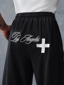 PAVTROS Men's Halloween American Vintage Washed Embroidered Wide Leg Black Sweatpants, Goth - Black - View 3