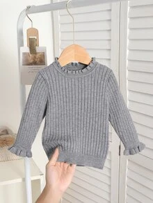SHEIN Vintaside Kids 女嬰幼兒針織長袖套頭毛衣，荷葉領羅紋領口，白色/奶油色純色，適合秋冬，時尚百搭，適用日常穿著、外出與旅行 - 淺灰色 - 查看 1