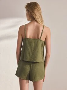 Ocili 舒適純棉柔軟網眼雙層細肩帶背心短褲睡衣套裝 女款居家服 - 墨綠色 - 查看 5