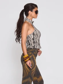 MUSERA Atasan Motif Zebra Leher Halter Tinggi Punggung Terbuka Musim Gugur Musim Dingin Gaya Keren Liburan Sehari-hari Pinggir Jalan Pemberontak - Hitam dan Putih - View 3