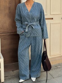 Dazy Plus V-Neck Long Sleeve Tie Waist Blue Diamond Quilted Denim Fabric Loose Wide Leg Pants Denim Set - Medium Wash - View 6