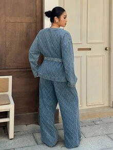 Dazy Plus V-Neck Long Sleeve Tie Waist Blue Diamond Quilted Denim Fabric Loose Wide Leg Pants Denim Set - Medium Wash - View 8