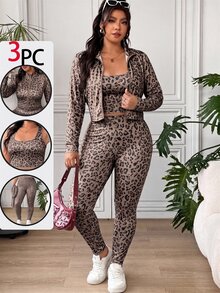 SHEIN EZwear Plus Size Women Leopard Print Inner Layer And Long Sleeve Top And Leggings Casual Daily Outfit Set - Brown - View 6