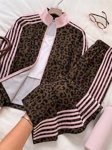 SHEIN EZwear 大尺碼女款豹紋拼色長袖上衣與長褲休閒日常套裝 - 彩色 - 查看 6