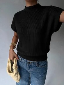 Aloruh 女款休閒通勤簡約純色漏斗領蝙蝠袖寬下擺針織上衣 - 黑色 - 查看 5