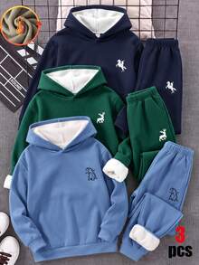 SHEIN 3件組買2送1兒童青少年男孩休閒多功能厚款連帽衛衣，藍色連帽運動上衣、海軍藍連帽運動上衣、聖誕綠連帽運動上衣，運動上衣，秋冬款，學校、運動、秋季穿搭、冬季穿搭 - 彩色 - 查看 3