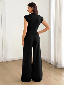 SHEIN Tall 女款卡其色單排扣短袖針織上衣與長褲2件套，適合夏季度假、機場穿搭 - 黑色 - 查看 3