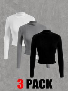 SHEIN EZwear 家庭套裝純色半高領保暖長袖T恤 3件組 - 彩色 - 查看 4