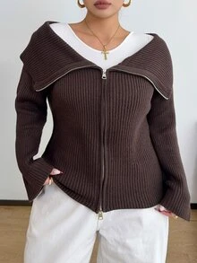POPSWAY Plus Size Women's Plus Size Collar Double Zipper Solid Dark Brown Ribbed Knit Short Cardigan, Long Sleeve, Suitable For Spring/Autumn/Winter/Back To School/Daily Commute/Outing/Indoor/Outdoor/Date Wear, Versatile Solid Color Knit Cardigan - Coffee Brown - View 7