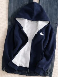 秋冬女童保暖內裡連帽拉鍊印花外套，街頭風混搭，防寒針織面料，適合秋冬穿著 - 藏蓝色 - 查看 1