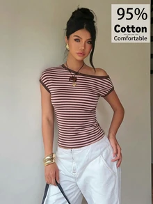 Aloruh 95%棉女款條紋不對稱肩短袖修身休閒T恤，棕色與粉色條紋不對稱肩T恤，休閒極簡日常百搭，約會與外出穿搭，女款秋季服飾，秋季穿搭，女款通勤穿搭，百搭上衣，外出穿搭，機場穿搭 - 白色 - 查看 5