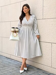 Easura Plus Size Streetwear Striped Colorblock Waist-Cinching Dress - Black and White - View 4