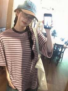 DAZY Contrast Color Striped Top Casual Daily Korean Style Spring Autumn Women's T-Shirt - Pink - View 7