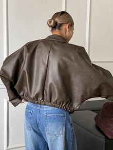 DAZY Women's Elegant PU Material Jacket With Pockets And Zipper - Brown - View 2