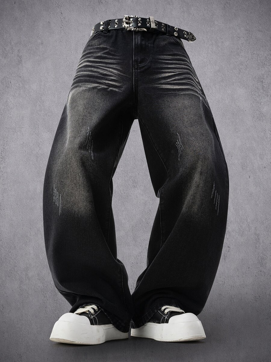 Manfinity Denimwave 男士復古水洗黑寬腿鬆垮牛仔褲,寬鬆休閒街頭風長版牛仔長褲 - 黑色 - 查看 1