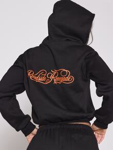 MUSERA Graphic Embroidered Zip Through Oversized Hoodie Autumn Winter Fall Halloween Sexy Everyday Roadside Renegade - Black - View 1
