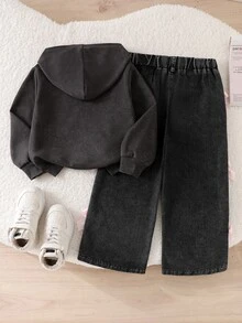 SHEIN Sparklyn Girls 2 Pieces Set, Spring/Autumn Letter Print Long Sleeve Hooded Sweatshirt + Bow Decor Washed Denim Jeans, Casual Children's Outfit, Sweet & Cool Street Style Kids Wear, Suitable For Daily Outings - Grey - View 2
