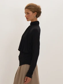 MUSEYN Black Jersey High Neck Cinched Waist Ruched Top Versatile Everyday Date Night Chic New Season Fall - Black - View 3