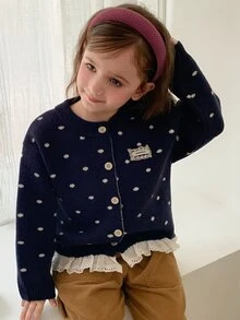 Hapijoa 女童秋季拼接撞色荷葉邊修身長袖圓領抽繩綁帶休閒開襟衫 - 藏蓝色 - 查看 7