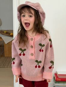 Dazy Kids 女童櫻桃圖案鈕扣半開襟長袖休閒針織衫 - 粉色 - 查看 3