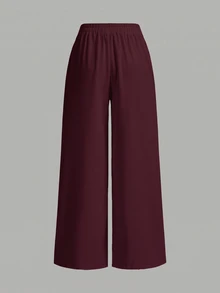 SHEIN EZwear 女款休閒度假寬腿長褲，適合夏季 - 酒紅色 - 查看 3