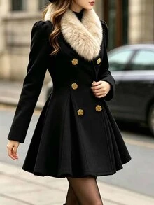 SHEIN LUNE Jaket Lipit Bulu Imitasi dengan Kancing Bunga Logam untuk Wanita - MultiWarna - View 5