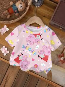 Peppa Pig X SHEIN Baby Girl Letter Cartoon Print Round Neck Short Sleeve Casual T-Shirt - White - View 1