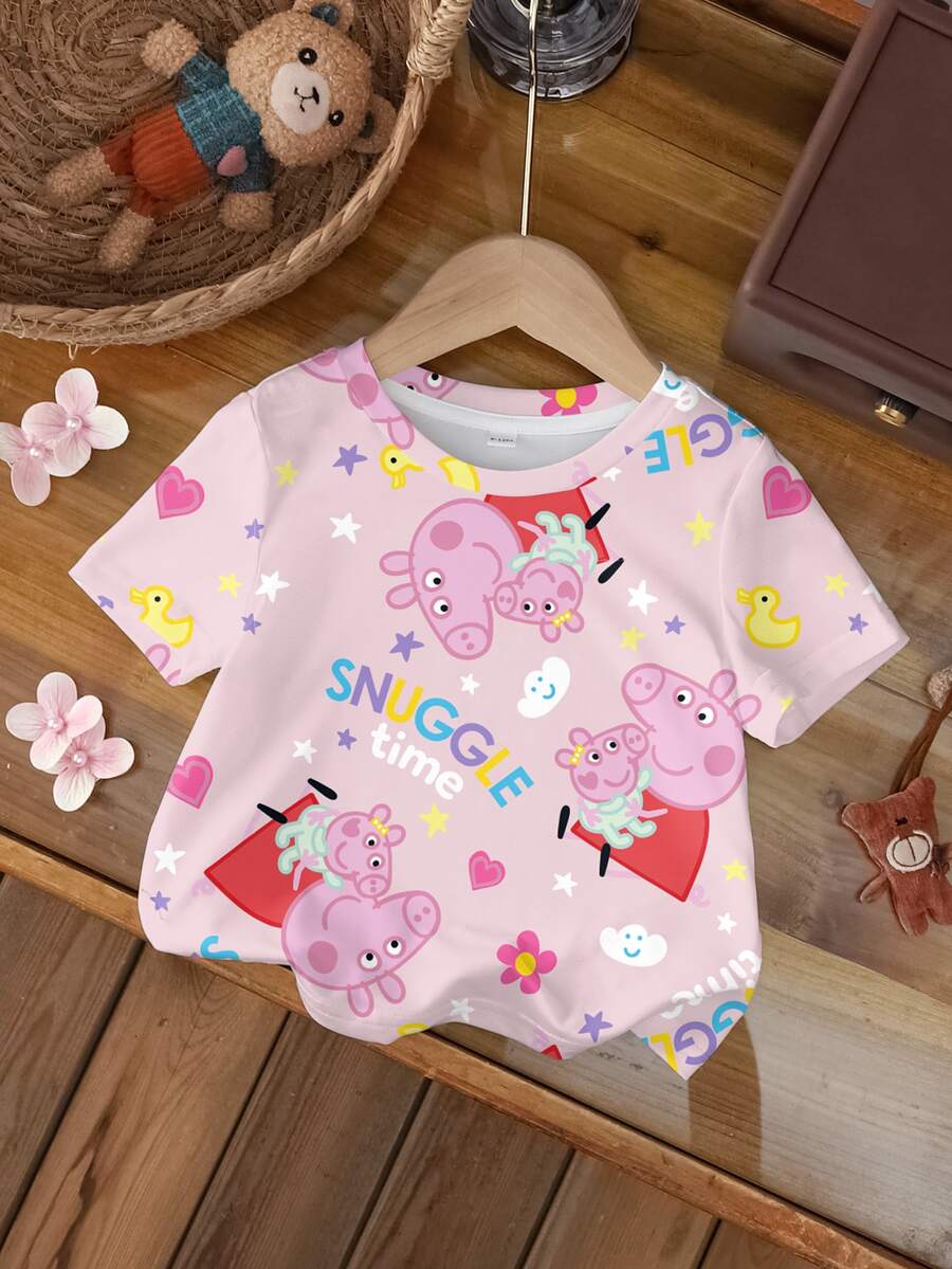 Peppa Pig X SHEIN Baby Girl Letter Cartoon Print Round Neck Short Sleeve Casual T-Shirt - White - View 1