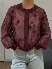 DAZY 女款圓領長袖半透蕾絲布料優雅鈕扣開襟襯衫 - 酒紅色 - 查看 3