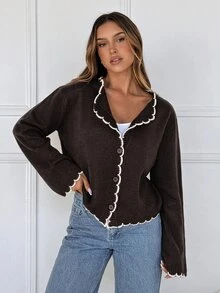 SHEIN EZwear 長袖圓弧下擺單排扣針織開襟衫 - 咖啡棕 - 查看 4