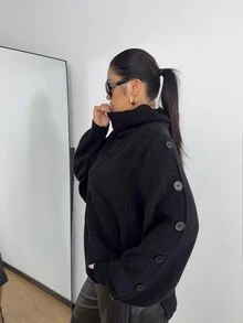 POPSWAY Plus Size Women's High Neck Ruched Collar Batwing Sleeve Cable Knit Single-Sided Button Loose Slouchy Elegant Solid Color Knit Sweater Pullover, Suitable For Spring/Autumn/Winter/Back To School/Daily Commute/Outing/Date/Indoor/Outdoor/Date Outfit Versatile Solid Color Knit Sweater Pullover - Black - View 4