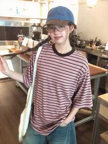 DAZY Contrast Color Striped Top Casual Daily Korean Style Spring Autumn Women's T-Shirt - Pink - View 5