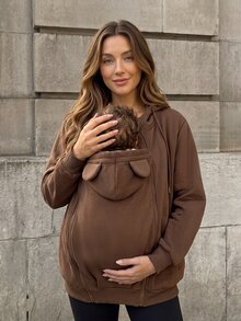 SHEIN Solid Color Long Sleeve 3-In-1 Maternity Jacket For Home Pregnancy Vacation, Autumn/Winter Brown Dressy Baggy - Coffee Brown - View 8