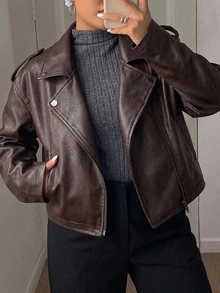 Dazy Plus Plus Size Women's PU Leather Zipper Front Loose Casual Jacket Coat, Autumn New Style Winter - Brown - View 4