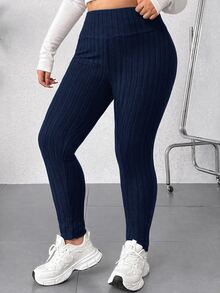 SHEIN EZwear 大尺碼休閒百搭高腰黑色緊身褲，夏季穿搭，女性沙灘穿搭，夏季度假穿搭，度假穿搭 - 藏蓝色 - 查看 5