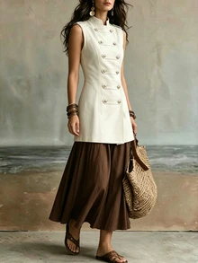 SHEIN LUNE Women's Elegant Napoleon Style Vest Coat And Long Skirt Set - Brown - View 3