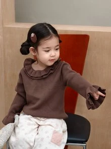 DAZY Infant/Toddler (Girl) Round Neck Ruffle Trim Solid Color Long Sleeve Autumn/Winter Sweater - Coffee Brown - View 4