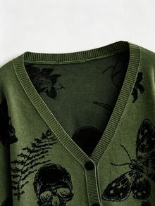 ROMWE Goth 暗黑哥德風骷髏與飛蛾植物圖案提花寬鬆針織開襟衫 - 軍綠色 - 查看 4