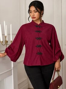 EastFlair Plus Size Women's Casual Top With Frog Button Placket And Rolled Cuffs - Burgundy - View 2